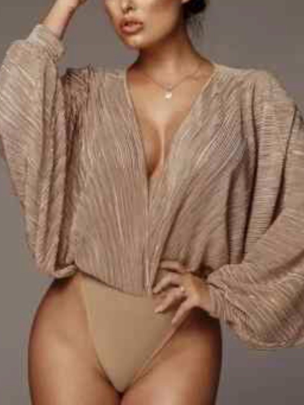 Fashion Bodysuit Deep V Neck Long Balloon Sleeves Beige Sz 2